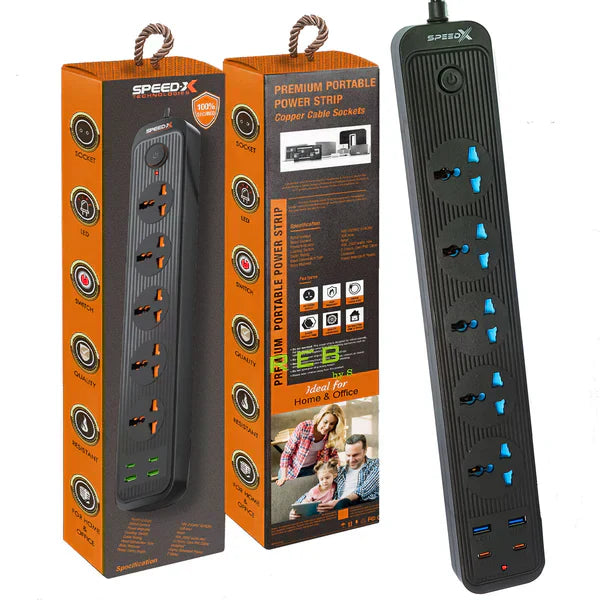 Speed-X Multi Power Plug Extension Board with 5 Sockets+ 2 USB Ports + 2 Type-C Port